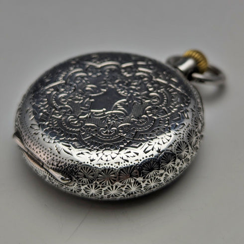 Early 20th century antique Swiss finely engraved pure silver case ladies' pocket watch works well